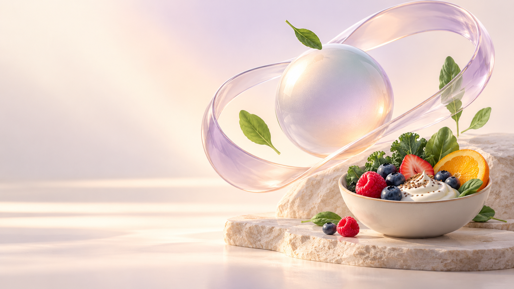 A sculptural glass orb and flowing ribbon beside a bowl of fresh berries, citrus, greens and yogurt